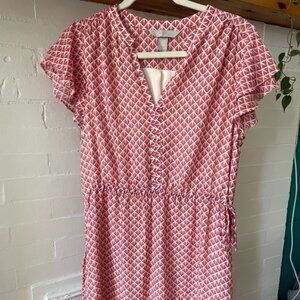 H&M Red & White patterned waist tie dress short sleeves size 12